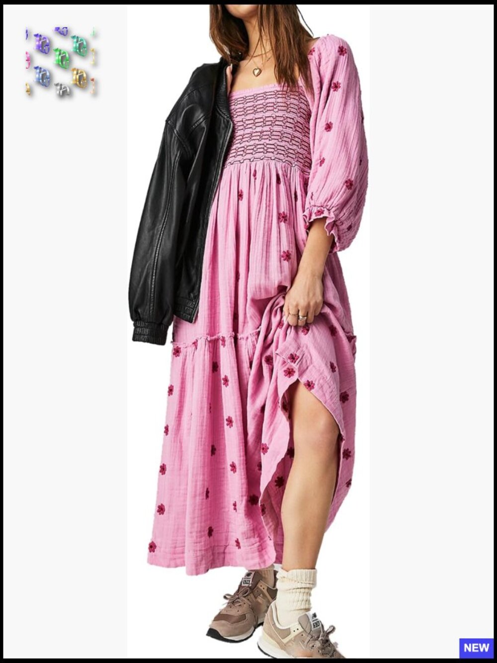 Floral Embroidered Maxi Dress Long Puff Sleeve Square Neck Boho Flowy With